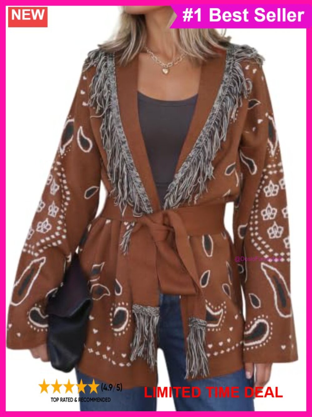 Fringe Cardigan Printed Long Sleeve V Neck Belt Sweater